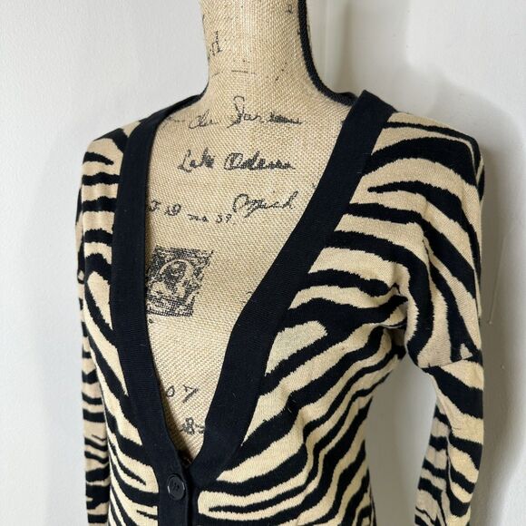Express Zebra Print Cardigan Sz XS Button Deep V Neck Dark Academia Brown Black - Picture 2 of 11